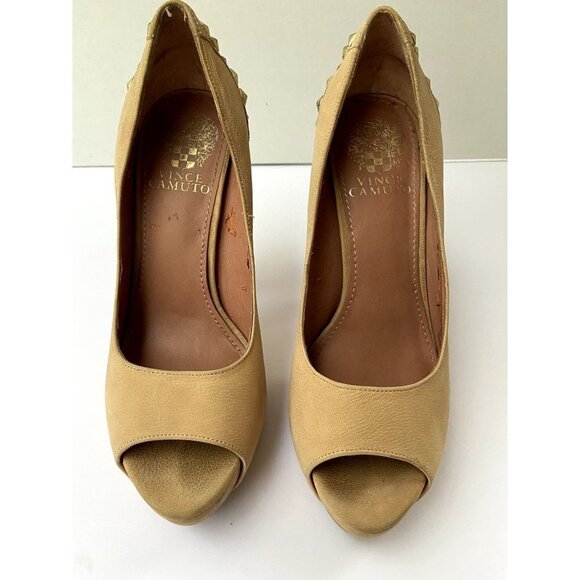 ✨2/$20✨ Vince Camuto Women's Tan High Heels with Gold Tacks Pumps Size 6 - Picture 1 of 16